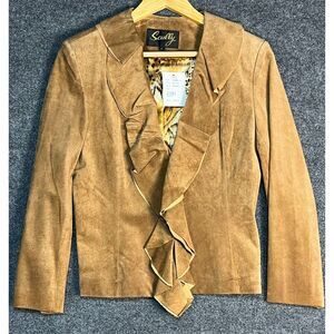 NWT Scully Suede Leather Jacket Ruffle Trim Cheetah Line Cinnamon Brown Womens L